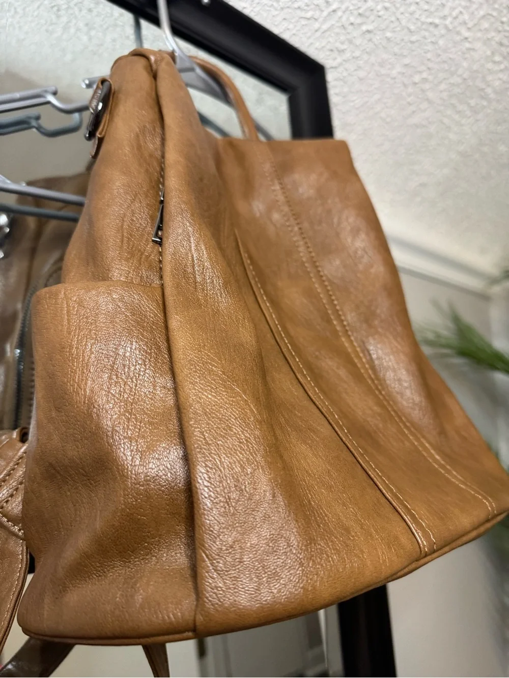 Leather Tote Backpack in Tan - Unbranded